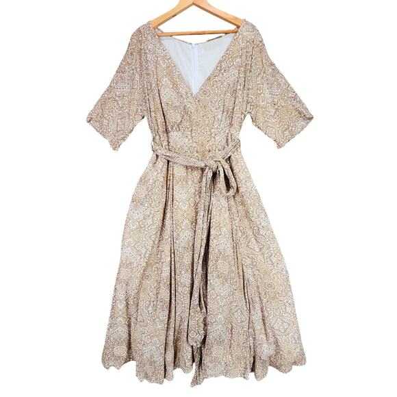 eShakti Wayward Fancies Midi Dress sz 1X 16W Damask Brown Beige Surplice Neck - Picture 1 of 16